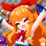  1girl blue_ribbon bow bowtie checkered_background closed_eyes commentary_request gourd highres horns ibuki_suika long_hair oni open_mouth orange_hair pixel_art red_bow red_bowtie ribbon shirt sleeveless sleeveless_shirt solo takeez3 touhou wrist_cuffs 