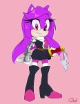 2021 4_fingers anthro artist_name bangs belt belt_buckle black_clothing black_dress black_high_heeled_boots black_nose blush blush_lines boots breasts brown_belt buckle closed_smile clothed clothed_anthro clothed_female clothing colored digital_drawing_(artwork) digital_media_(artwork) domestic_cat dress english_description eyelashes fan_character felid feline felis female female_anthro fingers fist footwear fur gloves gmil hair handwear hi_res high_heeled_boots high_heels holding_melee_weapon holding_object holding_sword holding_weapon kerchief light lighting lips long_hair mammal melee_weapon mouth_closed multicolored_clothing multicolored_dress neckerchief neckwear no_eyebrows outline pink_background pink_lips purple_body purple_fur purple_hair sega shaded shoes simple_background smile smiling_at_viewer solo sonic_the_hedgehog_(series) sword tan_body tan_inner_ear tan_skin text thick_bottom_lip weapon white_clothing white_gloves white_handwear white_kerchief white_knee_socks white_neckerchief white_outline zeki_(e-c98)