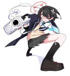  1girl artist_name ayane_(blue_archive) black_hair black_socks blue_archive brown_shoes commentary constricted_pupils dr_yamero foreshortening full_body glasses grey_skirt gun hair_ornament halo handgun highres holding holding_tablet_pc holding_weapon plaid_clothes plaid_skirt pleated_skirt pointy_ears red-framed_eyewear red_halo shoes short_hair simple_background skirt socks solo squatting tablet_pc twitter_username watermark weapon white_background wide-eyed yellow_eyes 