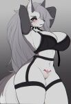 absurd_res animal_ears anthro biped blush bra breasts canid canid_demon canine clothed clothing collar demon female genitals grey_body grey_hair hair hellaverse hellhound helluva_boss hi_res looking_at_viewer loona_(helluva_boss) mammal multicolored_body mythological_canine mythological_creature mythology navel simple_background sk3tchk4t solo spiked_collar spikes tail thick_thighs underwear vulva white_body