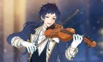  1boy blue_hair blurry blurry_background bow_(music) commentary douo_d earrings ensemble_stars! fushimi_yuzuru gloves hands_up highres holding holding_bow_(music) holding_instrument holding_violin instrument jacket jewelry lapels long_hair long_sleeves lower_teeth_only male_focus music notched_lapels official_alternate_costume open_clothes open_jacket open_mouth playing_instrument ponytail purple_eyes short_bangs solo teeth upper_body violin white_gloves 