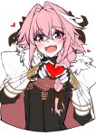  1boy :3 :d absurdres astolfo_(fate) astolfo_(rider)_(fate) black_bow black_ribbon blush bow braid cloak commentary_request diagonal-striped_background fang fate/apocrypha fate/grand_order fate_(series) four-finger_heart_hands fur-trimmed_cloak fur_trim gauntlets gloves hair_between_eyes hair_bow hair_intakes hair_ribbon heart heart_hands heart_in_heart_hands highres long_hair looking_at_viewer male_focus multicolored_hair open_mouth pink_hair purple_eyes ribbon shirt sidelocks single_braid smile solo streaked_hair striped_background takatun223 trap upper_body white_cloak white_hair 
