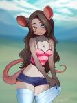 2026 anthro blue_eyes blurred_background blush bottomwear breasts brown_body brown_fur brown_hair clothing colored crop_top digital_drawing_(artwork) digital_media_(artwork) eyelashes female fur hair heart_(marking) heterochromia hi_res hotpants jewelry legwear long_hair long_tail mammal markings minishorts mouse murid murine navel necklace outside pink_blush pink_clothing pink_crop_top pink_nose pink_shirt pink_tail pink_topwear red_eyes rigellapererali rodent round_ears shaded shirt shorts small_breasts smile solo standing stockings tail thick_thighs topwear white_clothing white_legwear white_stockings
