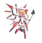 1girl absurdres alternate_costume alternate_headwear alternate_wings arm_up ascot beret black_gloves blonde_hair blush boots breasts commentary_request detached_wings embarrassed fingerless_gloves flandre_scarlet full-face_blush full_body gloves groin hat highres holding holding_weapon laevatein_(touhou) large_variant_set looking_to_the_side mechanical_wings moaikeidai2 multicolored_wings navel one_side_up open_mouth red_boots red_eyes science_fiction small_breasts solo sweat tachi-e thigh_boots touhou transparent_background variant_set weapon white_hat wings yellow_ascot 