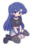  1girl belt black_belt black_boots black_collar black_shirt black_thighhighs blue_hair boots bracelet brown_eyes closed_mouth collar commentary cropped_shirt denim denim_shorts earrings fis_(t83192933) full_body highres idolmaster idolmaster_(classic) jewelry kisaragi_chihaya light_smile long_hair looking_at_viewer loose_hair_strand print_shirt shirt short_sleeves shorts simple_background sitting solo spiked_bracelet spikes star_(symbol) star_print studded_belt studded_collar symbol-only_commentary thighhighs wariza white_background 