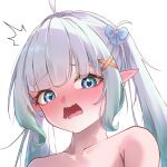  1girl ^^^ alternate_hairstyle blue_eyes blush commentary cropped densetsu.exe drooling ear_blush embarrassed english_commentary full-face_blush gradient_hair green_hair hair_ornament hairclip highres long_hair looking_at_viewer maid_headdress mint_fantome mouth_drool multicolored_hair open_mouth pointy_ears short_hair syxh triangular_headpiece twintails two_side_up virtual_youtuber wavy_hair wavy_mouth x_hair_ornament 