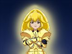  an-bl armor blonde_hair cosplay crossed_arms cure_peace earrings fate/stay_night fate/zero fate_(series) gilgamesh gilgamesh_(cosplay) hair_flaps jewelry kise_yayoi precure season_connection smile_precure! solo yellow yellow_eyes 