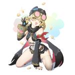  1girl absurdres black_gloves blonde_hair braid breasts coin detached_sleeves elbow_gloves eyewear_on_head fingerless_gloves full_body genshin_impact gloves goggles goggles_on_head hat highres jahoda_(genshin_impact) kneeling laska_(572124034) looking_at_viewer medium_breasts open_mouth round_eyewear scarf shorts single_thighhigh smile solo star-shaped_pupils star_(symbol) symbol-shaped_pupils thighhighs torn_clothes torn_thighhighs white_background yellow_eyes 