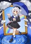  1girl absurdres beret black_hat black_shirt black_shoes black_skirt blue_bow blue_socks blue_umbrella blush bow closed_mouth cloud commentary_request embarrassed grey_hair hat highres holding holding_umbrella indie_virtual_youtuber loafers long_sleeves pinstripe_pattern pinstripe_shirt pinstripe_skirt pleated_skirt puffy_long_sleeves puffy_sleeves rain rainbow red_eyes ripples shibedraws shigure_ui_(vtuber) shirt shoes skirt sleeves_past_wrists smile socks solo two_side_up ui_(voisona) umbrella virtual_youtuber voisona walking water 