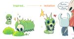 2026 2_horns ambiguous_gender anthro arthropod biped black_eyes cloak clothed clothing dialogue directional_arrow ear_piercing ear_ring ellipsis empty_eyes english_text eyebrows feral fur green_body green_text group grub_(hollow_knight) hi_res hollow_knight:_silksong hollow_knight_(franchise) horn hornet_(hollow_knight) kurang_steam melee_weapon moss mossgrub nail_(weapon) open_mouth piercing plant red_cloak red_clothing ring_piercing signature sparkles speech_bubble spikes spikes_(anatomy) standing team_cherry text the_knight_(hollow_knight) weapon weapon_on_back