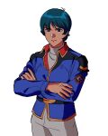  1boy aged_up aqua_hair blue_eyes blue_hair blue_jacket char's_counterattack commentary_request cowboy_shot crossed_arms earth_federation earth_federation_space_forces gundam highres jacket kamille_bidan light_frown male_focus military_uniform pants short_hair v-shaped_eyebrows white_pants yy0880yy zeta_gundam 
