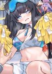  1girl animal_ears black_hair blue_archive blue_eyes blush breasts cheerleader commentary_request dog_ears dog_girl goggles goggles_on_head halo hibiki_(blue_archive) hibiki_(cheer_squad)_(blue_archive) highres holding holding_pom_poms long_hair looking_at_viewer mi_taro333 millennium_cheerleader_outfit_(blue_archive) multiple_girls navel official_alternate_costume open_mouth pink_halo pom_pom_(cheerleading) ponytail purple_hair skirt star_(symbol) star_sticker sticker sticker_on_face utaha_(blue_archive) utaha_(cheer_squad)_(blue_archive) yellow_halo 