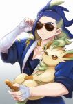  1boy :< adaman_(pokemon) adjusting_eyewear bandaged_arm bandaged_hand bandages blue_hair blue_jacket brown-tinted_eyewear chimaki_(agozimuchi) closed_mouth collarbone commentary_request eyebrow_cut fingernails green_hair highres holding holding_pokemon jacket leafeon male_focus medium_hair multicolored_hair pokemon pokemon_(creature) pokemon_legends:_arceus short_sleeves sunglasses tinted_eyewear twitter_username two-tone_hair upper_body 