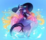 2024 anthro big_breasts black_bra black_clothing black_thong black_underwear blonde_hair bra breasts claws clothing colored digital_drawing_(artwork) digital_media_(artwork) dragon eyewear eyewear_on_head female glasses glasses_on_head glistening glistening_body hair half-closed_eyes hat headgear headwear hi_res long_hair looking_at_viewer lying markings mythological_creature mythological_scalie mythology narrowed_eyes non-mammal_breasts on_side purple_body purple_hair scalie shaded small_waist solo spots spotted_markings tail thick_thighs thong ulitochka underwear water yellow_eyes