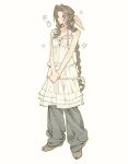  1girl aerith_gainsborough alternate_costume bare_arms bare_shoulders braid braided_ponytail breasts brown_hair brown_socks casual dress final_fantasy final_fantasy_vii full_body grey_pants hair_ribbon highres light_blush long_hair medium_breasts mmmckayyy own_hands_together pants pants_under_dress parted_bangs pink_ribbon rabbit ribbon single_braid sleeveless sleeveless_dress socks solo standing sundress tabi white_background white_dress 