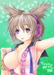  armpits asamura_hiori bracelet breasts brown_hair cleavage headphones highres jewelry large_breasts no_bra open_mouth purple_eyes smile solo star sweat touhou toyosatomimi_no_miko upper_body 