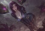  ai-generated bending bodysuit breasts bug butterfly cleavage creature detached_wings energy_blast facial_mark forward kai'sa_(league_of_legends)attack lean long_hair monster non-web_source outdoors over parted_bangs parted_lips purple_background purple_bodysuit purple_eyes purple_lips rock sagging underground whisker_markings wings 