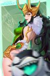  1girl alternate_form aqua_border armor black_hair border brown_lips cape commentary convenient_censoring cowboy_shot fake_horns fur-trimmed_cape fur-trimmed_gloves fur_trim gloves gold_gloves green_armor green_background green_cape green_eyes highres horned_headwear horns jeff_the_land_shark jeff_the_land_shark_(devouring_duo) lady_loki loki_(marvel) long_hair looking_back marvel marvel_rivals motion_blur official_alternate_design official_art_inset patreon_username prywinko scale_armor smile snake solo_focus thor_(marvel)_(series) 
