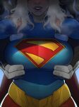  1boy 1girl absurdres blonde_hair blue_bodysuit bodysuit breasts commentary covered_nipples dc_comics english_commentary grabbing_another's_breast groping highres jsq012 large_breasts lobo_(dc) supergirl superhero_costume superman_(series) superman_logo 
