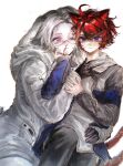  2boys absurdres ahoge animal_ears aotsuki_eito black_gloves black_hair black_pants blood blood_on_face blue_eyes blue_jacket cat_boy cat_ears cat_tail chinese_commentary closed_mouth commentary_request drawstring extra_ears eyelashes fang fang_out glasses gloves grey_hair grey_jacket hair_between_eyes hand_on_another's_arm hand_on_another's_chest hand_on_another's_chin hand_on_another's_waist highres hood hood_down hooded_jacket hoodie jacket jacket_over_hoodie kemonomimi_mode long_sleeves lop_rabbit_ears male_focus multicolored_hair multicolored_jacket multiple_boys nosebleed one_eye_closed open_clothes open_jacket pants pocket procreate_(medium) rabbit_boy rabbit_ears rabbit_tail rectangular_eyewear red_hair red_pupils semi-rimless_eyewear short_hair simple_background slit_pupils smile streaked_hair sumino_takumi tail the_hundred_line_-last_defense_academy- two-tone_hair two-tone_jacket variant_set white_background white_hoodie white_jacket white_pants yanrenxi20831 yaoi 