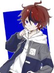  1boy abstract_background ahoge black_hair blue_eyes blue_jacket closed_mouth drawstring frown grey_jacket hair_between_eyes hand_on_own_hip hand_up highres hood hood_down hoodie jacket jacket_over_hoodie long_sleeves male_focus multicolored_hair multicolored_jacket open_clothes open_jacket outline red_hair ringed_eyes sanpaku short_hair sleeves_past_wrists solo streaked_hair sumino_takumi sweat the_hundred_line_-last_defense_academy- tsurime two-tone_hair two-tone_jacket upper_body utopian0726 white_hoodie white_outline 