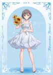  1girl absurdres bang_dream! bang_dream!_it's_mygo!!!!! blue_background blush brown_eyes brown_hair character_name closed_mouth collarbone commission dress earrings eighth_note flower frills full_body grey_hair highres holding holding_flower jewelry looking_at_viewer musical_note mygo!!!!!_(bang_dream!) nuoweisenlin_tongren_gongzuoshi sandals short_hair sleeveless sleeveless_dress smile solo standing sundress sunflower takamatsu_tomori tujiu_sama white_dress 