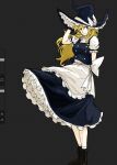  1girl ankle_boots ankle_socks apron arm_behind_back arm_up art_program_in_frame back_ribbon black_boots black_hair black_skirt black_vest blonde_hair boots braid breasts chinese_commentary commentary_request frilled_hat frilled_skirt frills hat hat_ribbon highres kirisame_marisa long_hair looking_at_viewer medium_breasts procreate_(software) puffy_short_sleeves puffy_sleeves red_eyes ribbon short_sleeves side_braid skirt smile socks solo tekelili touhou vest waist_apron white_apron white_ribbon white_socks witch_hat 