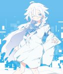  1girl alice_in_reitouko_(vocaloid) blue_background blue_bow blue_bowtie blue_eyes blue_sailor_collar blush bow bowtie braid coat commentary_request dress feet_out_of_frame giryu glitch grin hair_between_eyes highres ia_(vocaloid) long_hair long_sleeves looking_at_viewer off_shoulder one_eye_closed sailor_collar sailor_dress short_sleeves smile solo twin_braids vocaloid white_background white_coat white_dress white_hair 
