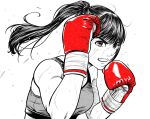  1girl boxing boxing_gloves breasts commentary_request fighting_stance gloves greyscale hatching_(texture) highres lee_(dragon_garou) medium_breasts monochrome mouth_guard original ponytail red_gloves serious solo sports_bra spot_color sweat toned toned_female upper_body v-shaped_eyebrows 