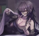  1girl absurdres ars_rg0412 bags_under_eyes bare_shoulders bed_invitation black-framed_eyewear black_arm_warmers black_dress black_hair bookshelf breasts cleavage collarbone colored_inner_hair commentary_request dress english_commentary glasses goddess_of_victory:_nikke hair_intakes hair_over_one_eye highres huge_breasts indoors label_(nikke) lifting_covers long_hair looking_at_viewer looking_over_eyewear low_neckline lying messy_hair mixed-language_commentary mole mole_on_breast multicolored_hair multiple_moles off_shoulder on_bed on_side pale_skin parted_bangs purple_eyes purple_hair purple_streaks sleeveless sleeveless_dress smile smirk solo steaming_body two-tone_hair under_covers variant_set very_long_hair 