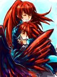  1boy 1girl ahoge breasts eyes_closed fenia hug long_hair mao_(tales) mao_(tor) ponytail red_hair short_hair tales_of_(series) tales_of_rebirth wings 