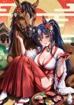  1girl :d absurdres animal animal_ears arm_up bell black_hair black_sandals blush bowl breasts brown_eyes chinese_zodiac cleavage collarbone cup egasumi flower food grey_hair hair_flower hair_ornament hakama hakama_skirt hand_up highres holding horse horse_ears japanese_clothes kimono knees_up large_breasts long_hair long_sleeves looking_at_viewer miko multicolored_hair neck_bell original ponytail red_flower red_hakama ribbon-trimmed_sleeves ribbon_trim sakazuki sandals sawwei005 sitting skirt smile socks solo sushi tabi textless_version tokkuri tray two-tone_hair very_long_hair white_flower white_kimono white_socks wide_sleeves year_of_the_horse zouri 