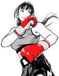  1girl boxing boxing_gloves boxing_shorts breasts commentary fighting_stance gloves greyscale hatching_(texture) highres lee_(dragon_garou) long_hair midriff monochrome mouth_guard open_mouth original ponytail red_gloves shorts small_breasts smile solo sports_bra spot_color upper_body 