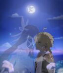  1boy 1girl aether_(genshin_impact) ahoge black_hair blonde_hair braid closed_eyes columbina_(genshin_impact) dress forehead-to-forehead genshin_impact heads_together highres long_hair moon nerozero night short_hair white_dress 