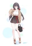  1girl :o absurdres adversarial_noise alternate_costume azur_lane bag black_bag black_hair black_skirt blue_eyes blush boots bow breasts brown_boots brown_jacket casual collarbone commentary_request cropped_jacket full_body glasgow_(azur_lane) hair_bow hand_up handbag highres holding holding_bag jacket large_breasts legs livetarica long_hair looking_at_viewer low_twintails open_clothes open_jacket parted_lips polka_dot polka_dot_background red_bow red_ribbon ribbon shirt signature skirt socks solo standing thighs twintails waist_ribbon white_background white_shirt white_socks 