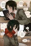  ! absurdres alternate_universe anger_vein armin_arlert black_hair blonde_hair blush book chibi chibi_inset classroom collared_shirt commentary connie_springer english_commentary english_text eren_yeager glasses grey_eyes grey_hair grey_jacket hair_between_eyes hand_on_own_cheek hand_on_own_face hetero highres holding holding_book jacket levi_(shingeki_no_kyojin) looking_at_another mikasa_ackerman necktie parted_bangs red_necktie red_scarf rei_owo7 scar scar_on_cheek scar_on_face scarf school_uniform shingeki_no_kyojin shirt short_hair speech_bubble suit_jacket sweatdrop upper_body very_short_hair white_shirt 