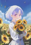  1girl absurdres ayatsuno_yuni blue_sky blush bouquet cloud cloudy_sky commentary_request cross-shaped_pupils dress field flower flower_field highres holding holding_bouquet korean_commentary long_sleeves looking_at_viewer nbee_ya petals purple_eyes short_hair sky smile solo stellive sunflower sunflower_field symbol-shaped_pupils teeth upper_body virtual_youtuber white_dress white_hair yellow_petals 