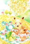  >_< absurdres berry_(pokemon) branch chikorita colored_pencil_(medium) commentary_request cookie cup eevee food highres marill onigiri oran_berry outdoors painting_(medium) picnic picnic_blanket pikachu pokemon pokemon_(creature) solid_oval_eyes thumbprint_cookie traditional_media watercolor_(medium) yukichi_0611 