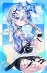  1girl ;q absurdres ahoge amane_kanata arm_warmers black_pantyhose black_skirt blue_nails blush closed_mouth commentary_request crossed_bangs day double-parted_bangs eyewear_on_head feathered_wings feet_out_of_frame fishnet_pantyhose fishnets food fuinagi_(huyuu_mm) grey_hair hair_between_eyes heart heart-shaped_eyewear highres holding holding_food holding_popsicle hololive long_hair looking_at_viewer miniskirt multicolored_hair nail_polish one_eye_closed outdoors outline pantyhose pink_eyes pink_streaks popsicle shirt short_sleeves single_arm_warmer sitting skirt solo sparkle streaked_hair sunglasses tongue tongue_out virtual_youtuber white_outline white_shirt white_wings wings 