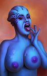  asari audaxis big_breasts big_nipples blue_skin breast_squish breasts bust cum cum_in_mouth cum_inside cum_on_breasts cum_on_tongue female finger_in_mouth finger_lick horny huge_breasts lips looking_at_viewer mass_effect nails nipples not_furry nude open_mouth purple_nipples solo tattoo teeth tongue tongue_out video_games 
