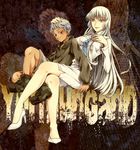  1girl blue_eyes copyright_name crossed_legs dark_skin highres johnathan_mar jormungand koko_hekmatyar long_hair short_hair silver_hair sitting white_hair yoshikiri 