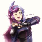  1girl ;d artist_name bessho_emma black_gloves bodysuit card commentary_request eyelashes fingerless_gloves ghost_girl_(yu-gi-oh!_vrains) gloves highres holding holding_card looking_at_viewer multicolored_hair one_eye_closed open_mouth pink_eyes pink_hair pochi_(furaigonn) purple_hair smile solo twitter_username two-tone_hair upper_body white_background yu-gi-oh! yu-gi-oh!_vrains 