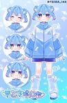  1girl :3 blue_background blue_hair blue_jacket blue_shorts blush character_name closed_eyes closed_mouth commentary_request crossed_bangs double-parted_bangs double_bun full_body hair_between_eyes hair_bun hair_ornament highres jacket kneehighs long_sleeves looking_at_viewer multiple_views open_mouth original shoes short_hair shorts smile socks standing white_shoes white_socks wing_hair_ornament yuusuke-kun 