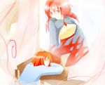  1boy 1girl dress eyes_closed fenia long_hair mao_(tales) mao_(tor) red_eyes red_hair short_hair sleeping smile tales_of_(series) tales_of_rebirth wings 