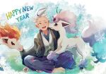  1boy ;d adapted_costume barefoot black_jacket commentary_request drayton_(pokemon) galarian_ponyta happy happy_new_year imminent_licking jacket japanese_clothes kimono lower_teeth_only male_focus multicolored_hair one_eye_closed open_mouth pants pokemon pokemon_(creature) pokemon_sv ponyta ringorowasabi sitting smile snowflakes streaked_hair teeth toes white_hair yellow_eyes 