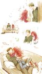  1girl akiko_(camphre) basket blush boots comic couch couple dandruff flaky flippy green_eyes green_hair grin happy_tree_friends heart height_difference hetero highres long_hair messy_hair personification pillow red_eyes red_hair short_hair sitting smile translated 