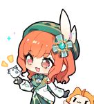  1girl ahoge ambird_(infinity_nikki) animal argyle_clothes argyle_hat beret bird bird_on_hand black_gloves bow bowtie brown_eyes buttons cat cherilynorz chibi chinese_commentary cloak clothed_animal coat collared_coat commentary_request contrast_lapels cowboy_shot dress_shirt ear_covers eyelashes fingerless_gloves gem gem_hair_ornament gloves green_bow green_bowtie green_gem green_hat green_shorts hair_bow happy hat hat_feather hood hood_up hooded_cloak infinity_nikki lapel_pin lapels light_blush long_sleeves looking_ahead meadow_symphony_(infinity_nikki) medium_hair momo_(nikki) musical_note_brooch nikki_(series) notched_lapels notice_lines open_mouth orange_hair outline outstretched_hand pocket puffy_long_sleeves puffy_sleeves shirt shorts simple_background smile sparkle standing star_(symbol) star_in_eye symbol_in_eye tareme traditional_bowtie treble_clef wavy_hair white_background white_bird white_cat white_coat white_outline white_shirt yellow_cloak 