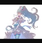  1girl animal_ear_hairband animal_ears aqua_boots aqua_bow aqua_hair aqua_hairband aqua_hat arm_warmers bare_shoulders blue_bow blue_choker blunt_bangs boots bow bright_pupils brooch cat_ear_hairband cat_ears choker collarbone commentary cure_lillian dress dress_bow earrings fake_animal_ears floating_hair frilled_arm_warmers frilled_dress frills hairband hand_on_own_chest hat heart heart_brooch high_ponytail high_side_ponytail highres jewelry legs_together letterboxed long_hair looking_at_viewer magical_girl medium_dress mini_hat mini_top_hat multicolored_bow nekoyashiki_mayu off-shoulder_dress off_shoulder pact_holder pearl_earrings ponytail pouch precure purple_eyes shiny_cats_pact side_ponytail simple_background smile solo striped_bow thigh_boots tilted_headwear top_hat very_long_hair white_arm_warmers white_background white_dress wonderful_precure! wonderful_tanaka zettai_ryouiki 