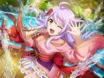  1girl ahoge armor bridge folded_fan folding_fan game_cg hair_ornament hand_fan hands_up holding holding_fan japanese_clothes kimono long_hair long_sleeves looking_at_viewer obi official_art one_eye_closed open_mouth otonashi_ichie pink_kimono purple_hair sash shoujo_kageki_revue_starlight shoujo_kageki_revue_starlight_-re_live- shoulder_armor skirt skirt_under_kimono solo upper_body water white_skirt wide_sleeves yellow_eyes 