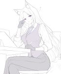  1girl absurdres animal_ear_fluff animal_ears bags_under_eyes black_gloves black_pants breasts collared_shirt commentary crossed_legs feet_out_of_frame fox_ears fox_girl fox_tail gloves hand_up highres holding holding_pen iris_(samlatte) long_hair looking_at_viewer medium_breasts necktie original pants parted_lips pen purple_eyes purple_necktie purple_vest samlatte shirt signature simple_background sitting solo squeans tail vest white_background white_shirt 